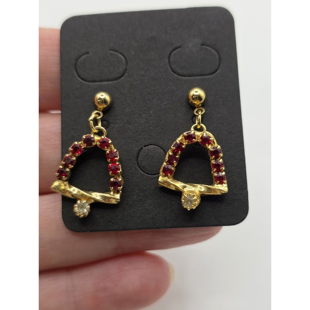 Gold Tone Prong Blood Red Rhinestone Pair Christmas Bells Stud Earrings